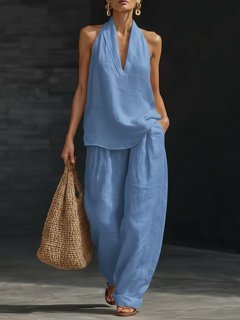 Halter Deep V-Neck Sleeveless Top and Wide Leg Pants Two Piece Set
