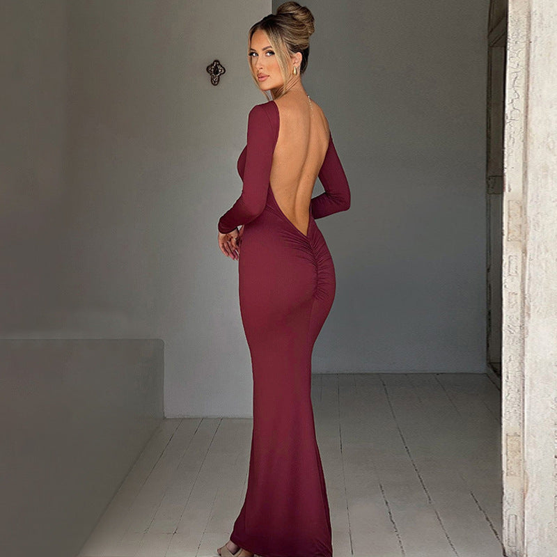 Slim Fit Long Sleeve Backless Sexy Hip Bag Dress