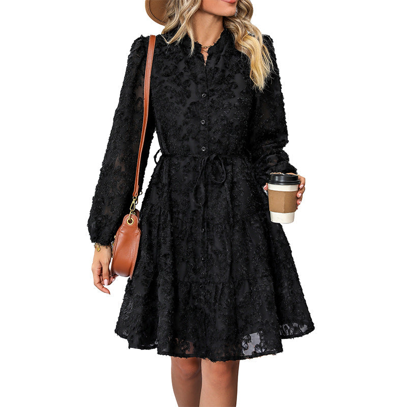 Textured Long Sleeve Button Front Tiered Mini Dress 5