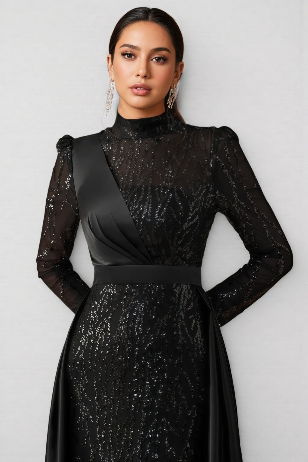 Sequin Mock Neck Long Sleeve Satin Overskirt Maxi Gown 5