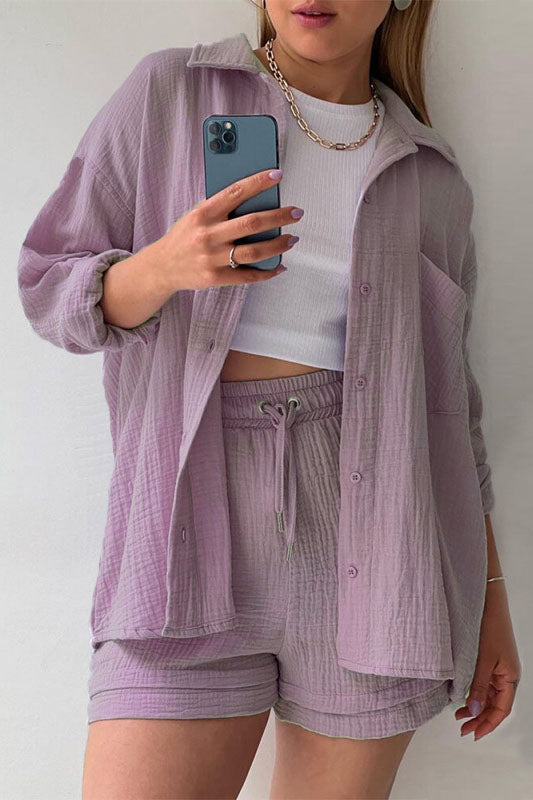 Solid Color Mock Neck Top and High-Waist Shorts Set