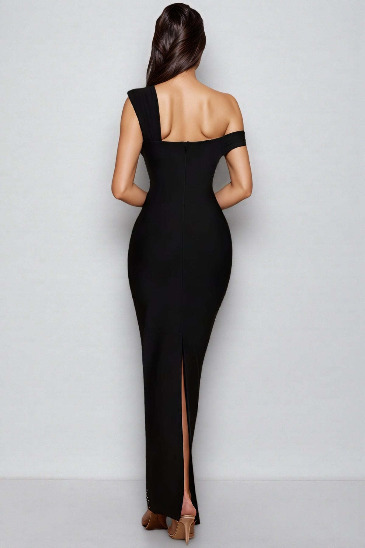 Rhinestone Embellished Asymmetric One Shoulder Bandage Maxi Dress 2