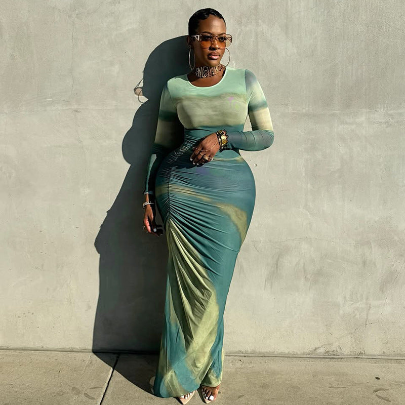 Tie Dye Print Round Neck Long Sleeve Side Ruched Bodycon Maxi Dress
