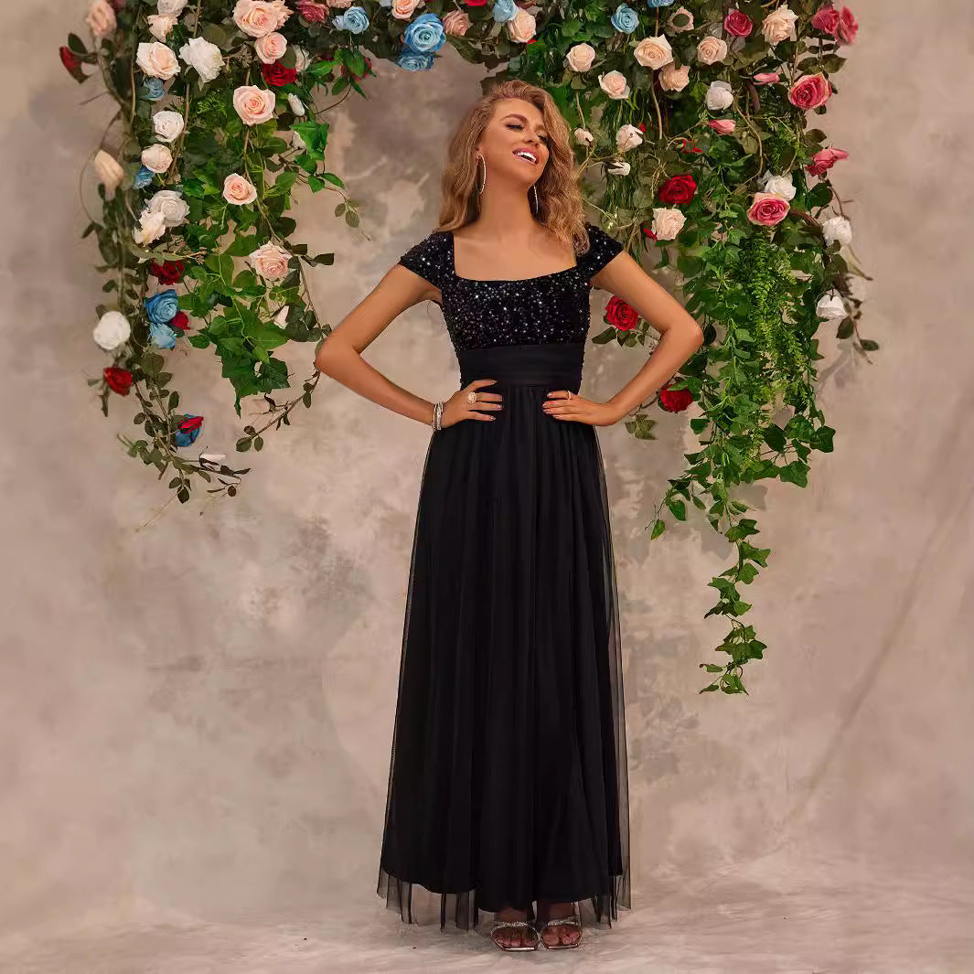Sequin Square Neck Cap Sleeve High Split Tulle Maxi Dress