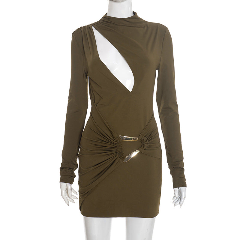 Mock Neck Long Sleeve Asymmetric Cut Out Metal Buckle Ruched Bodycon Mini Dress 6