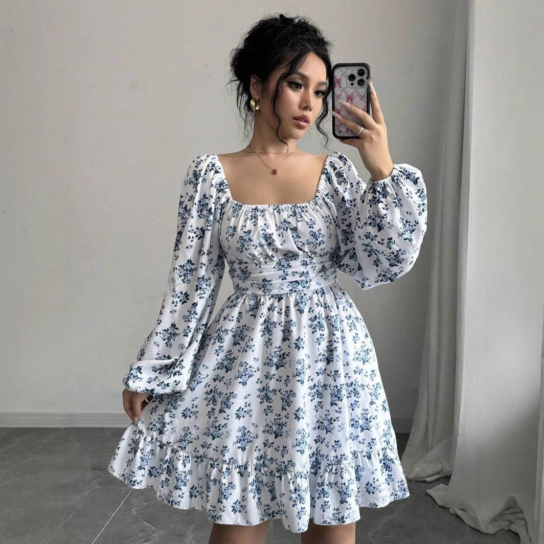 Karen Aesthetic Women's Floral Dress with Balloon Sleeves and Gathered Waistband Premium Wardrobe Essential