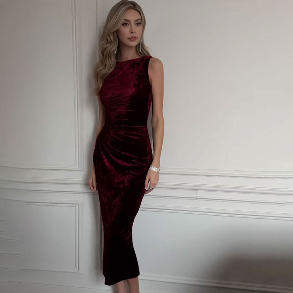 Velvet Boat Neck Sleeveless Ruched Bodycon Midi Dress
