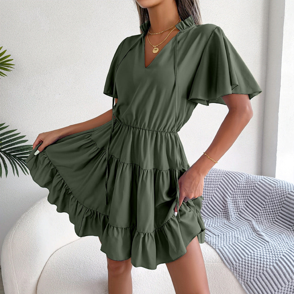 Tie Neck V-Neck Flutter Sleeve Tiered Ruffle Hem Mini Dress 7