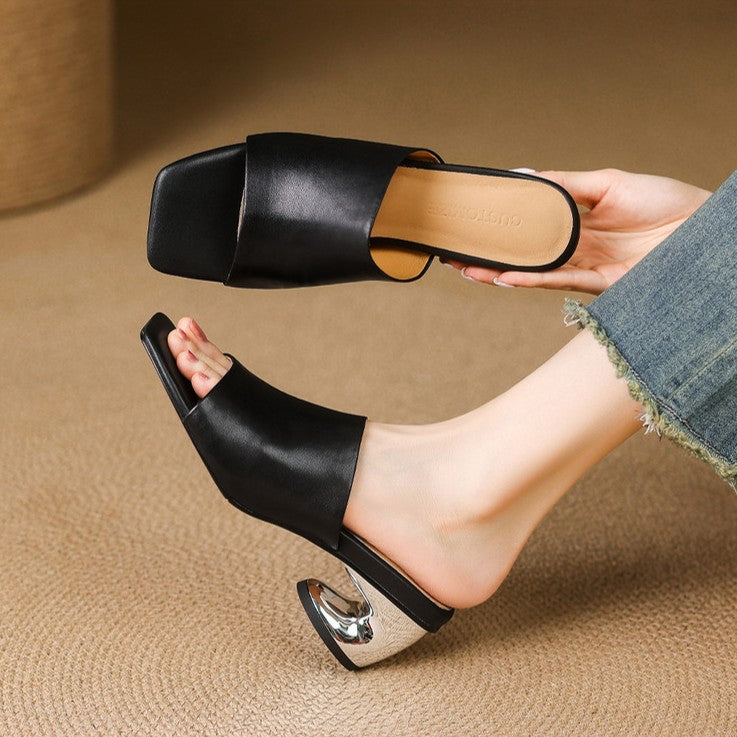 Open Toe Sculpted Block Heel Mules