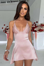 Satin Deep V-Neck Pleated Bust High Low Mini Dress 13