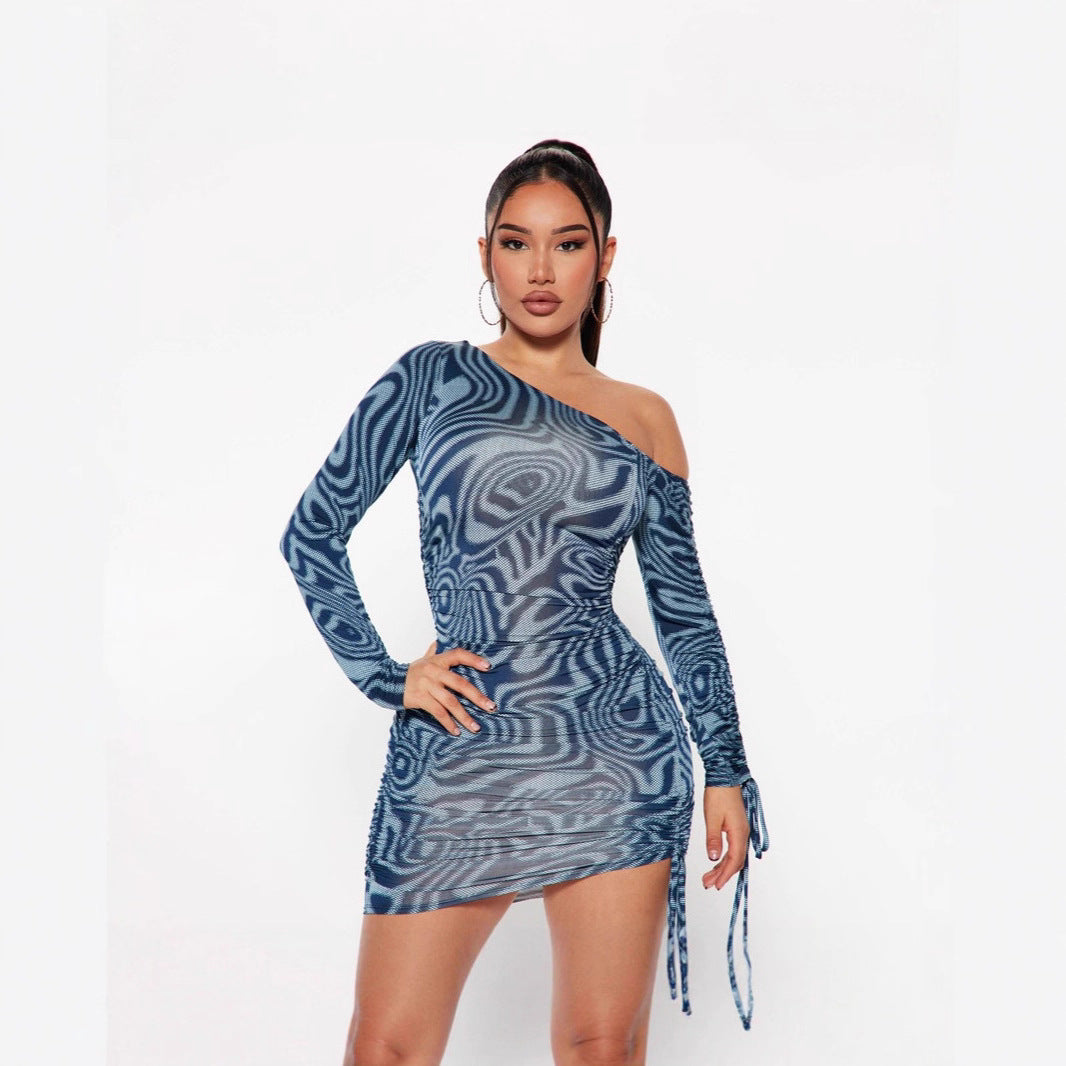 Swirl Print Mesh One Shoulder Long Sleeve Ruched Drawstring Mini Dress 2