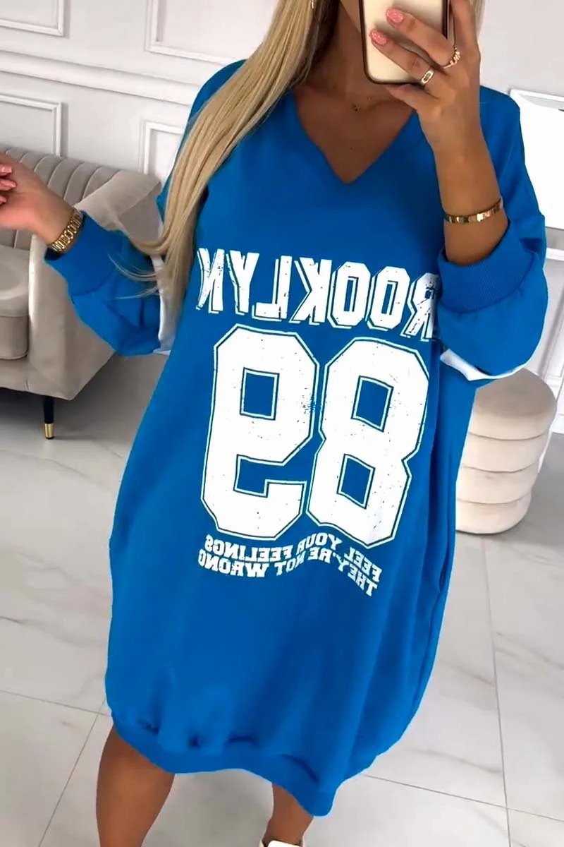 Oversized Varsity Letter Print Striped Sleeve Sweatshirt Dress 6