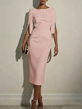 Boat Neck Split Sleeve Pearl Button Bodycon Midi Dress 8
