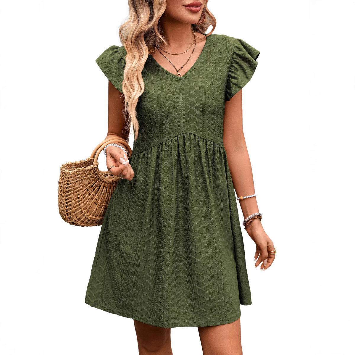 Textured V-Neck Flutter Sleeve Pocket Babydoll Mini Dress 3