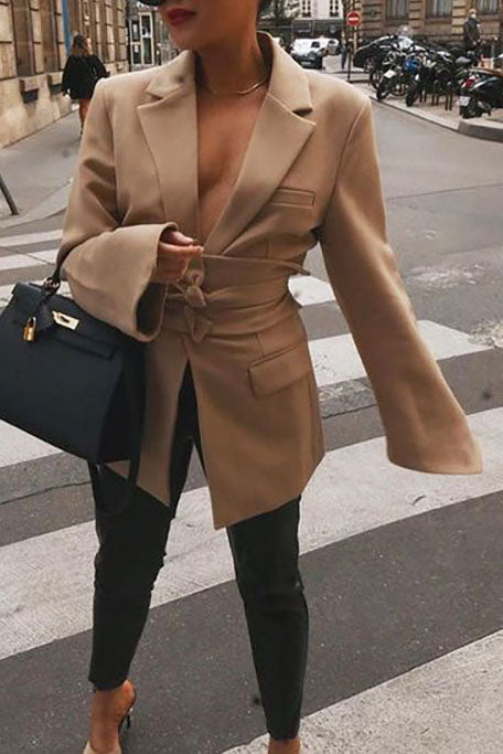 Solid Color Belted Tunic Jacket