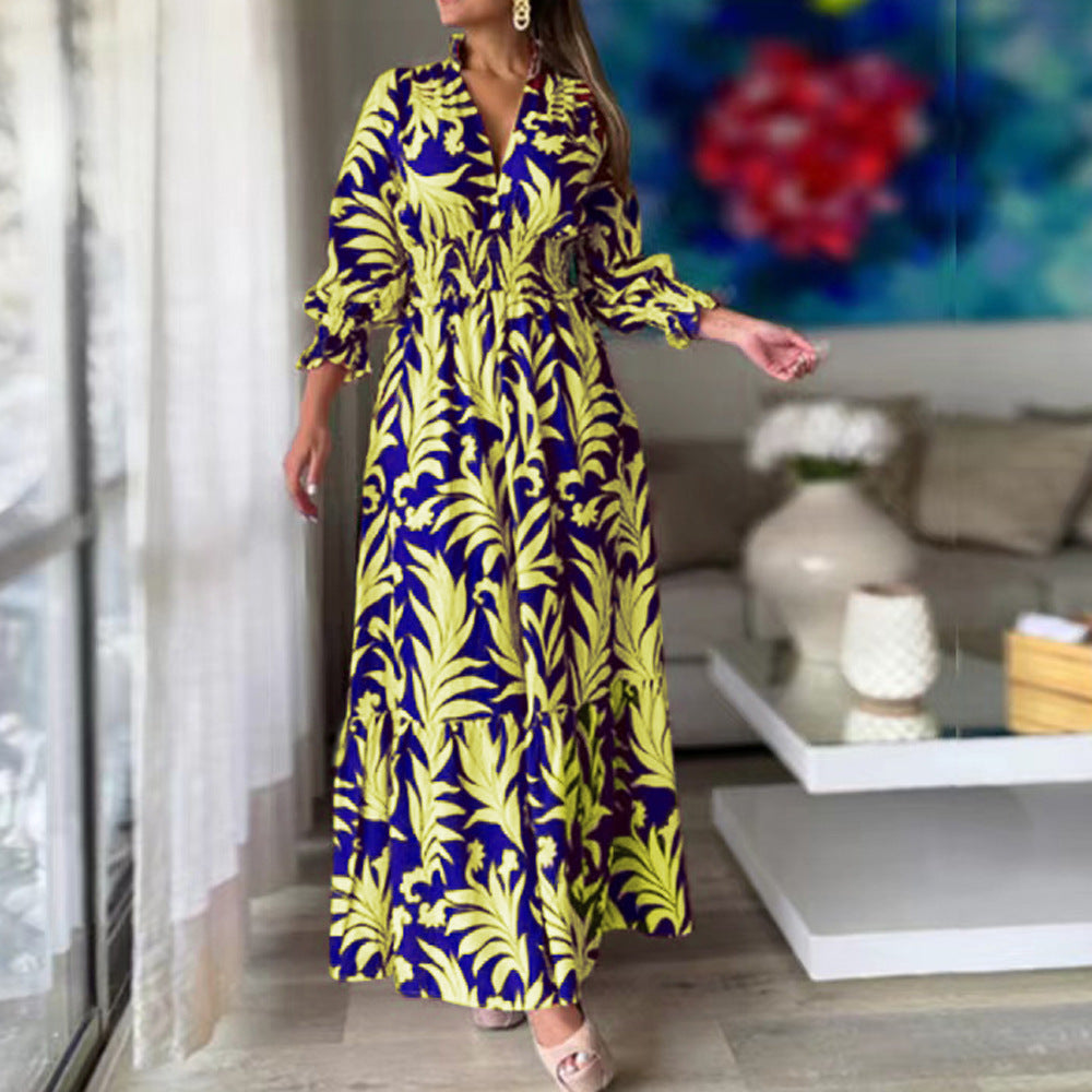 Leaf Print V-Neck Puff Sleeve Smocked Waist Tiered Maxi Dress 6