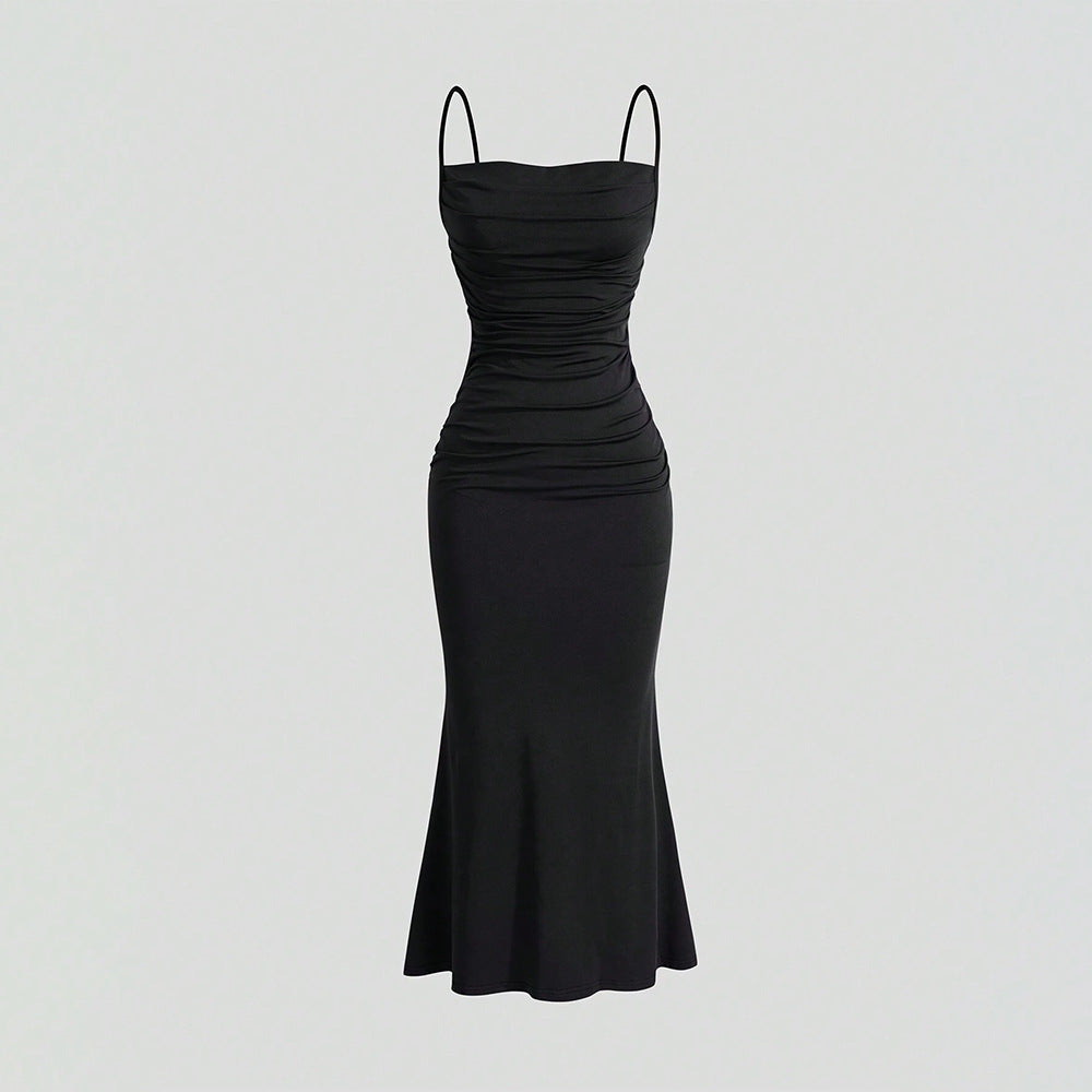 Ruched Bodice Spaghetti Strap Mermaid Hem Maxi Dress
