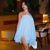 Halter Neck Backless Chiffon Flowy Tiered Mini Dress