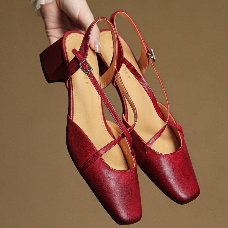 Square Toe Cross Strap Block Heel Slingback Pumps