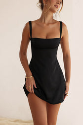 Satin Square Neck Suspender Strap Summer Party Mini Dress - Black 2
