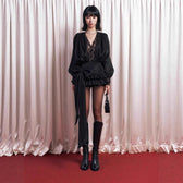 Autumn French Pure Lace Splicing Sexy V neck Long Sleeve Dress - View 4