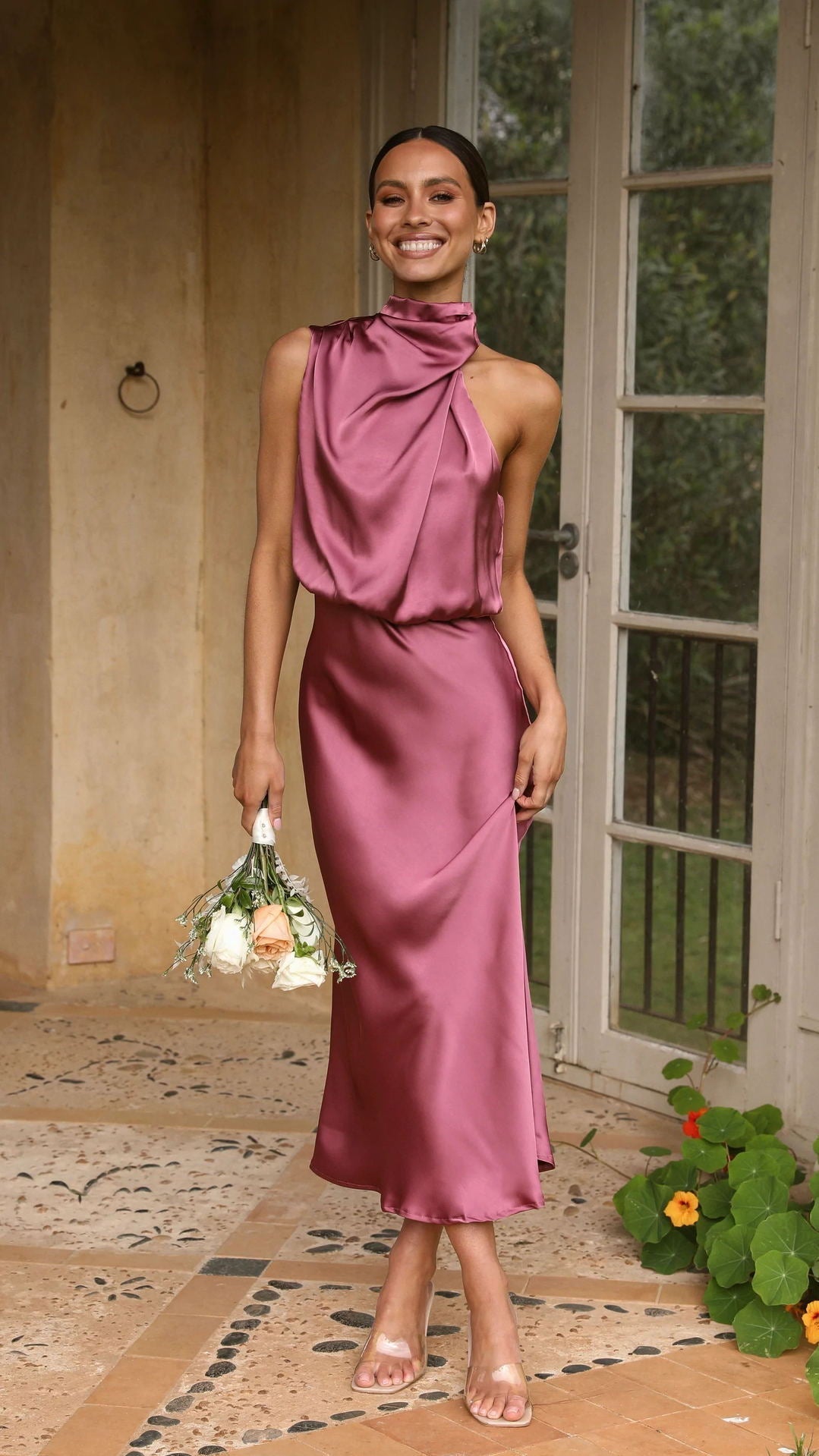 Satin High Neck Draped Sleeveless Blouson Midi Dress