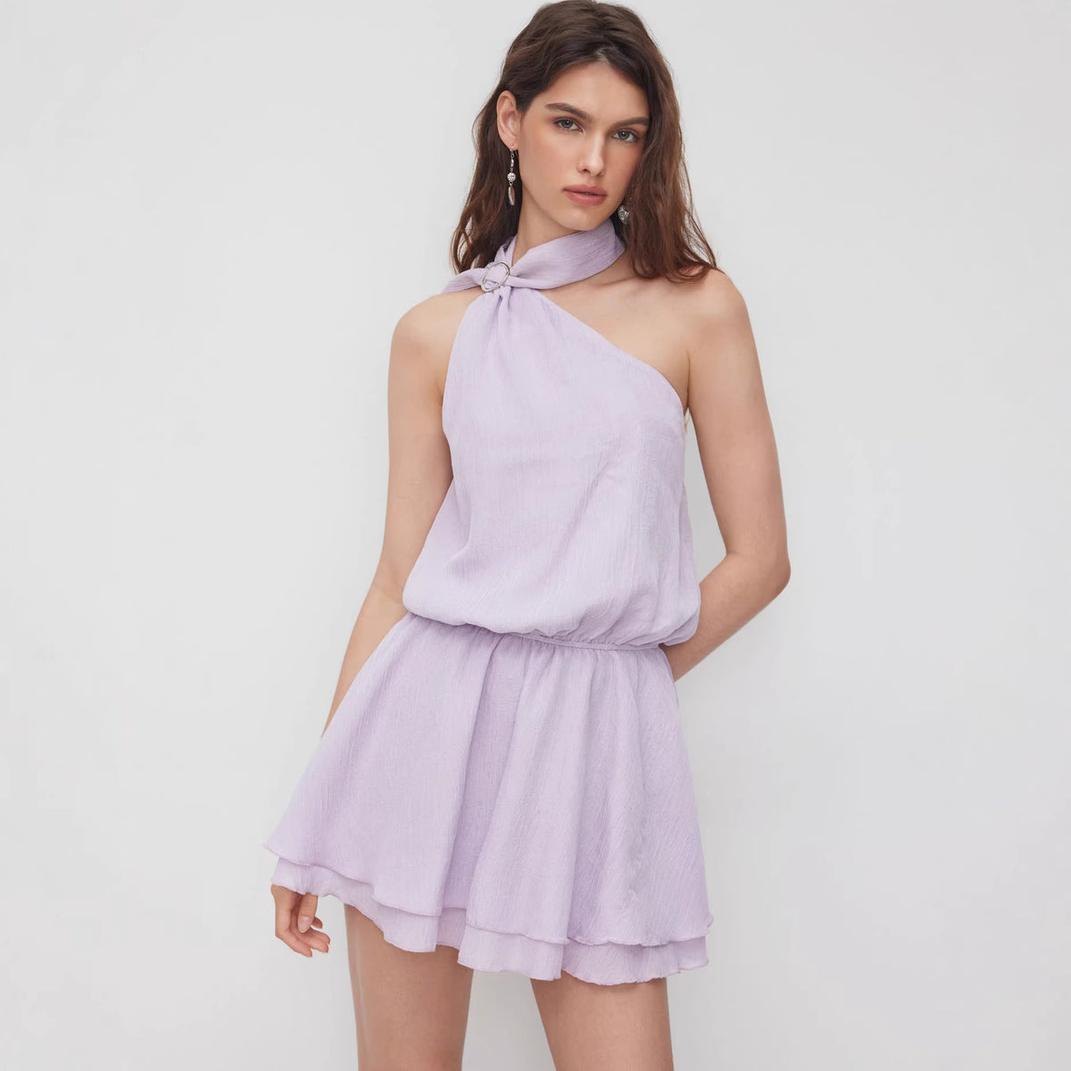 One Shoulder Halter Neck O-Ring Elastic Waist Layered Mini Dress