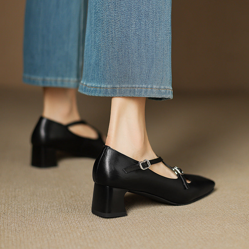 Square Toe Double Buckle Strap Block Heel Mary Jane Pumps
