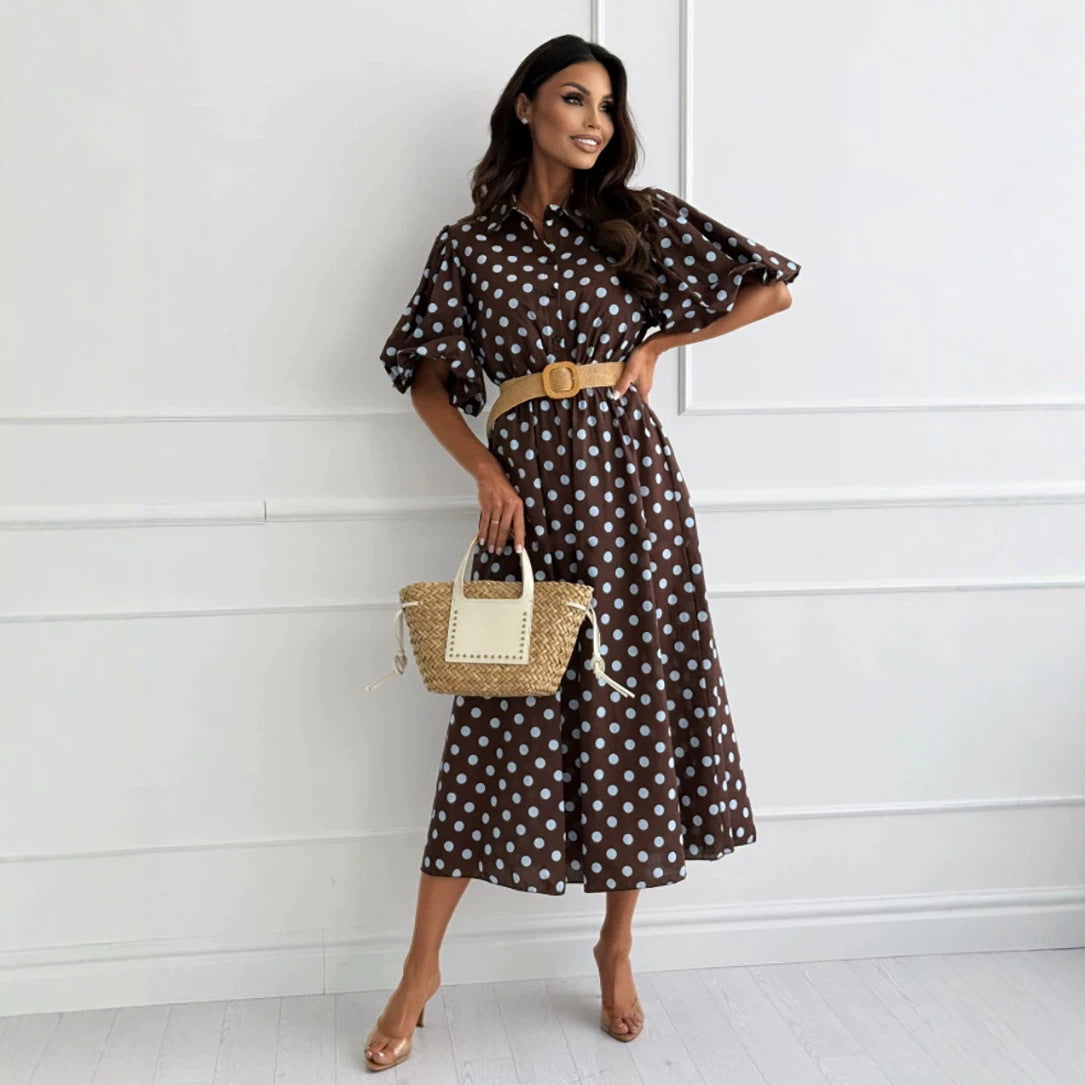 Polka Dot Puff Half Sleeve Button Front Collared Midi Shirt Dress