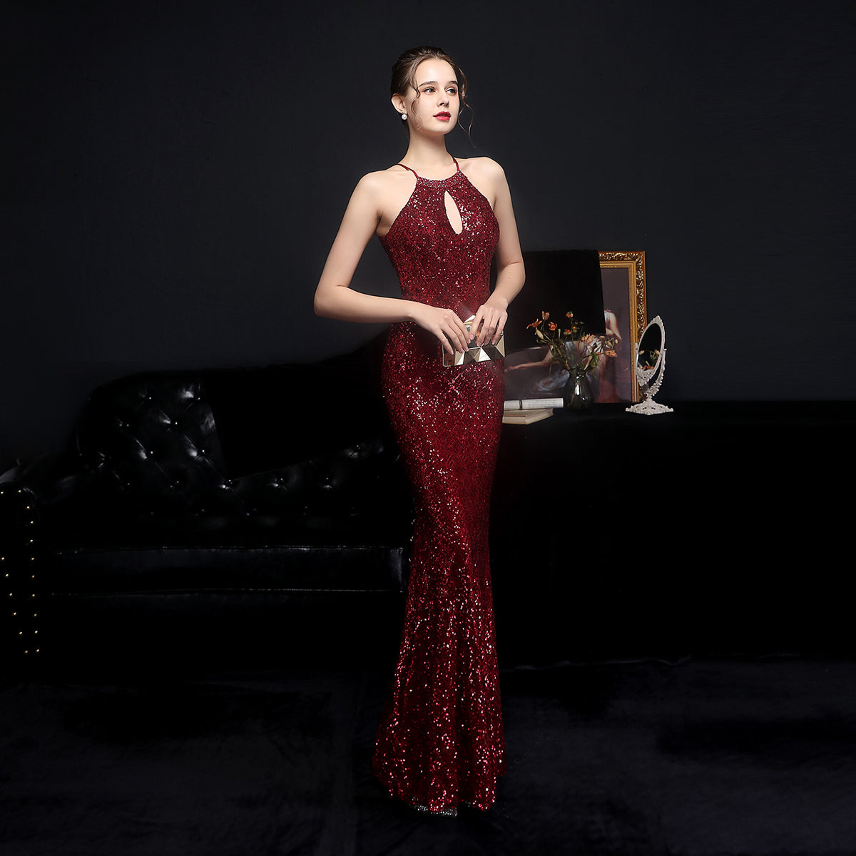 Sequin Halter Neck Keyhole Front Mermaid Evening Gown 4