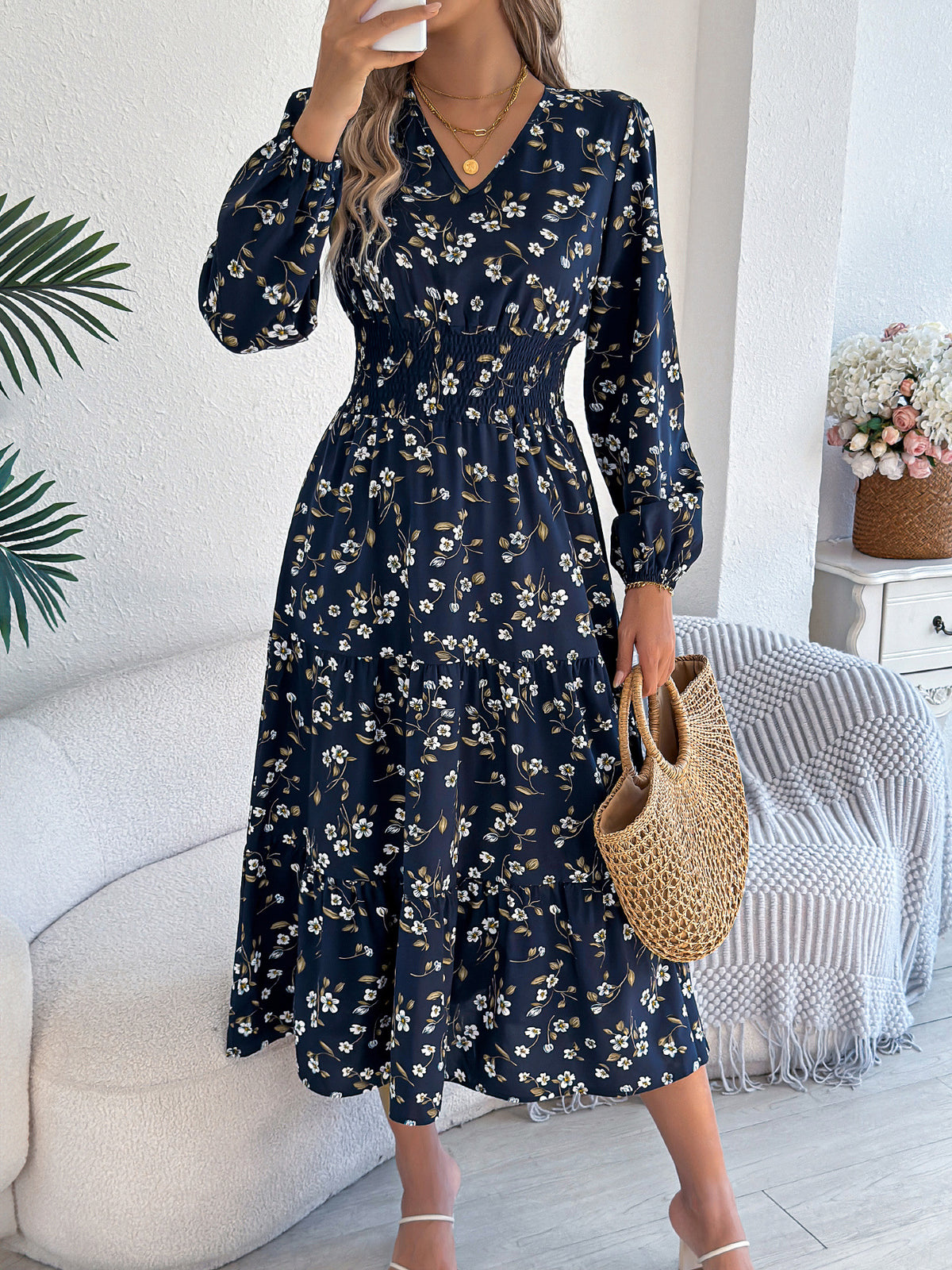 Ditsy Floral Print V-Neck Long Sleeve Smocked Waist Tiered Midi Dress 4