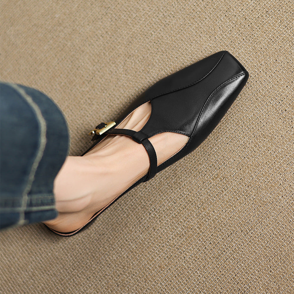 Square Toe Buckle Strap Low Block Heel Mules