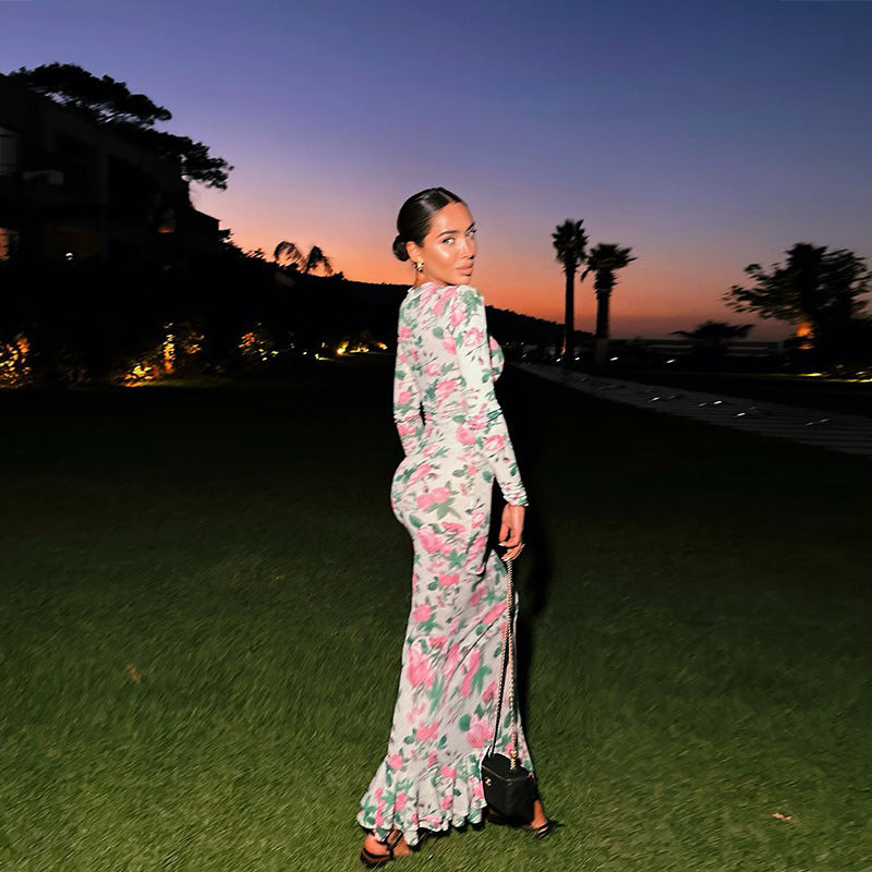 Floral Print Mock Neck Long Sleeve Bodycon Ruffle Hem Maxi Dress 4
