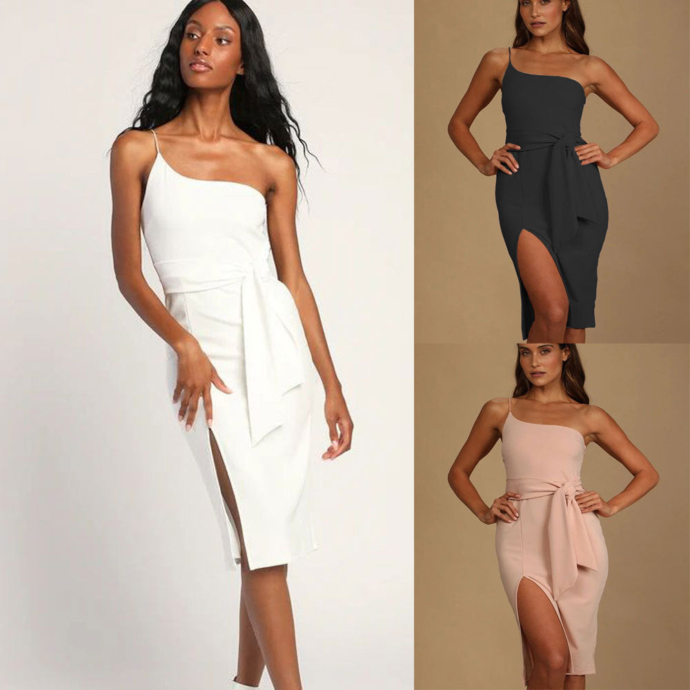Dress Solid Color Sleeveless Cross-Shoulder Split Strap Party Dress