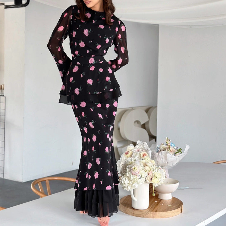 Elegant Women Digital Printed round Neck Bell Sleeve Waist Seal Sheath Dress