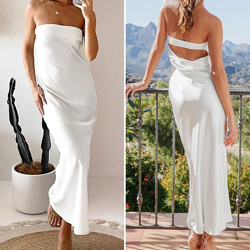 Satin Strapless Fold Over Neckline Column Maxi Dress 3