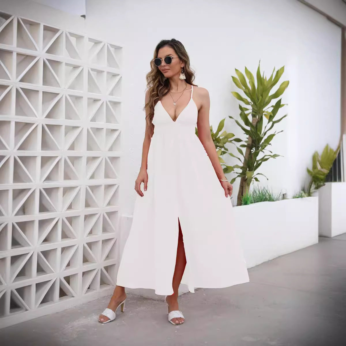 Summer Women Mid Length Dress Strap Loose Dress Vacation Beach Dress