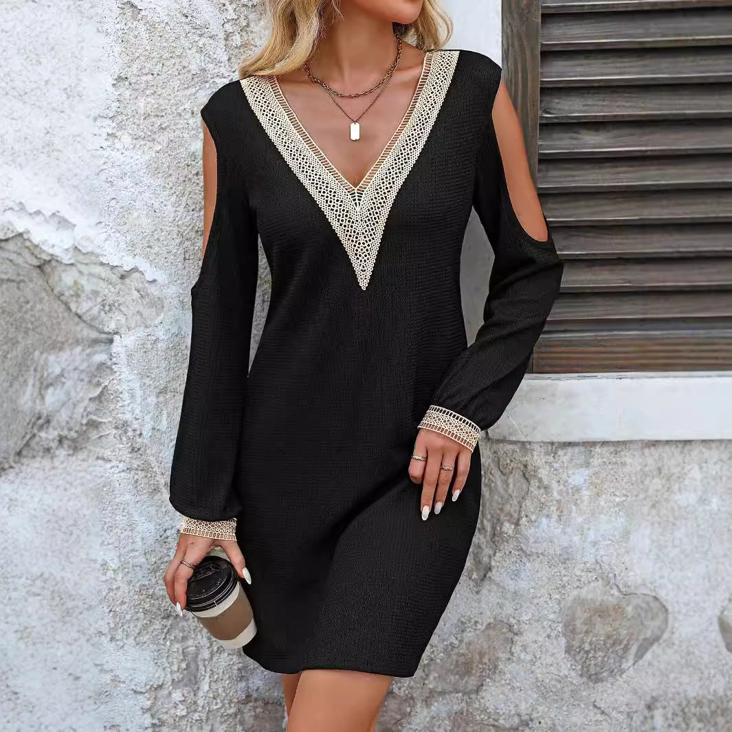 Autumn Winter Elegant Ladies Solid Color Lace V neck Hollow Out Cutout Long Sleeve Dress