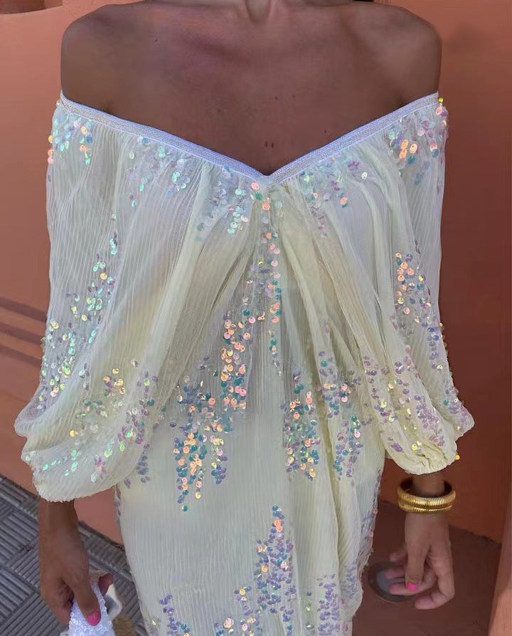 Sequin Off Shoulder Deep V-Neck Lantern Sleeve Mesh Maxi Dress