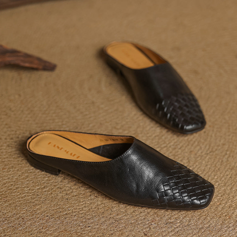 Square Toe Woven Detail Low Block Heel Mules