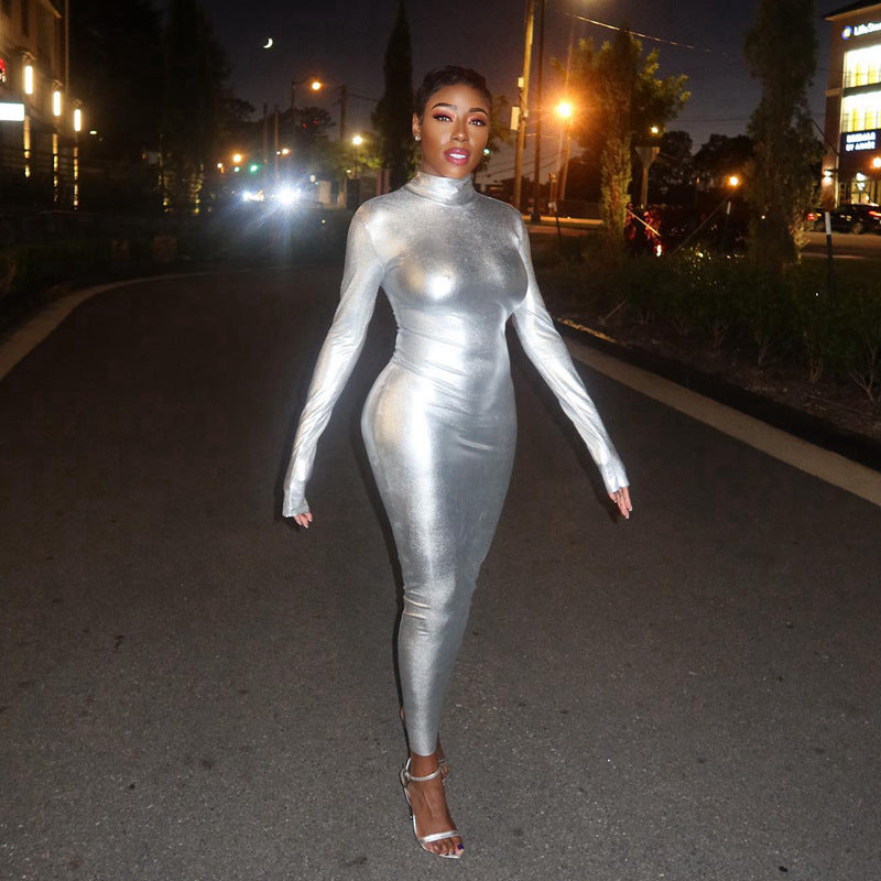 Metallic Turtleneck Long Sleeve Bodycon Maxi Dress 2
