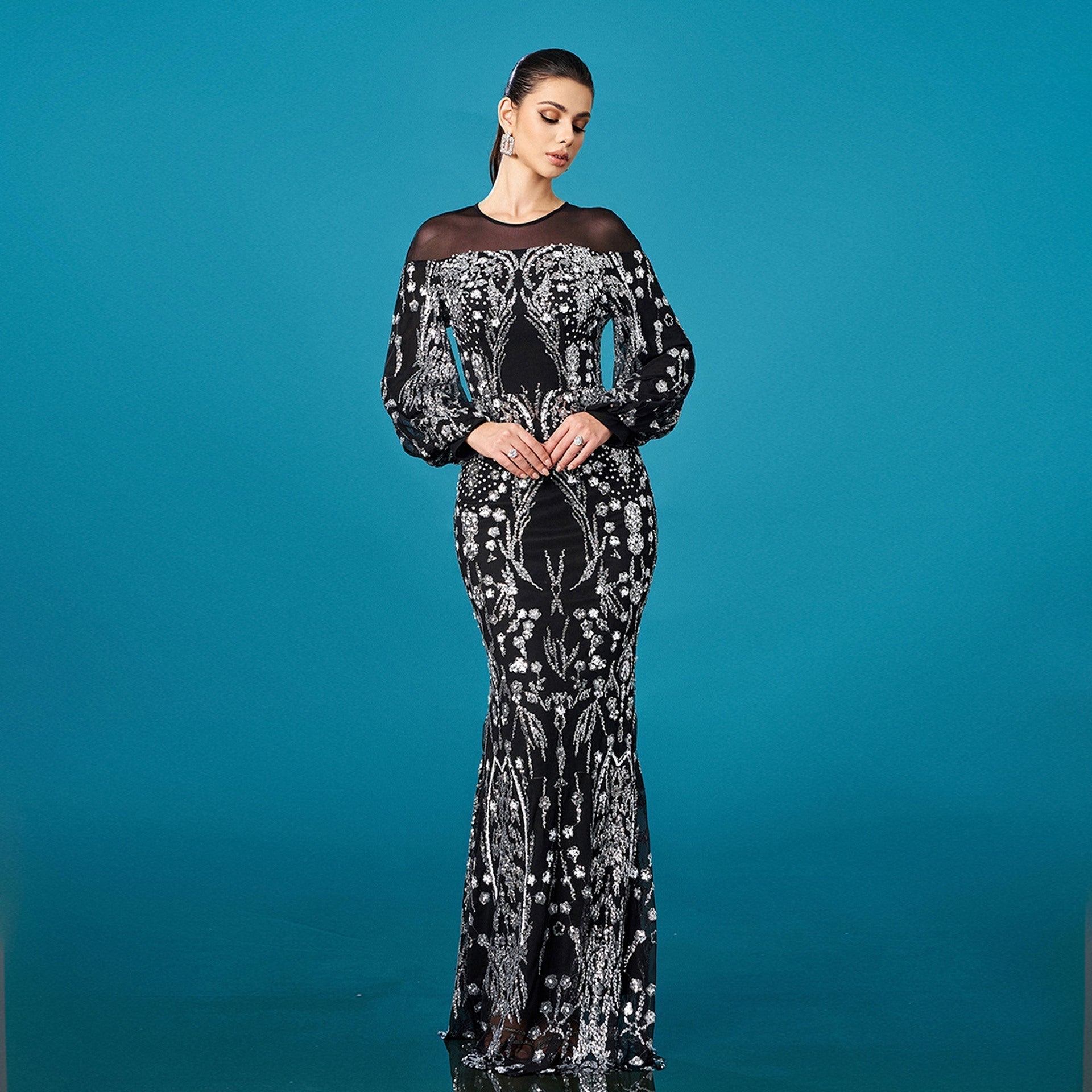 Sequin Round Neck Long Sleeve Sheer Yoke Mermaid Gown