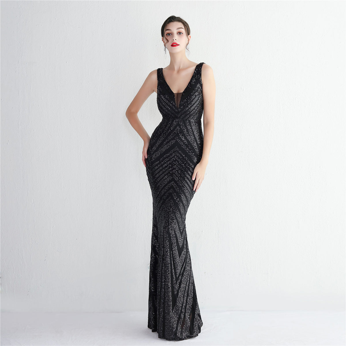 Chevron Sequin V-Neck Sleeveless Mermaid Evening Gown 9