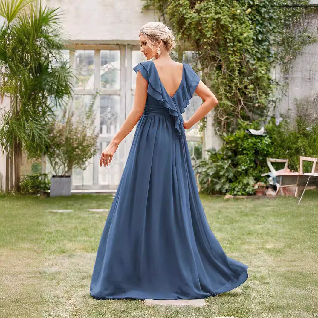 Chiffon V-Neck Ruffle Cap Sleeve Empire Waist A-Line Maxi Bridesmaid Dress