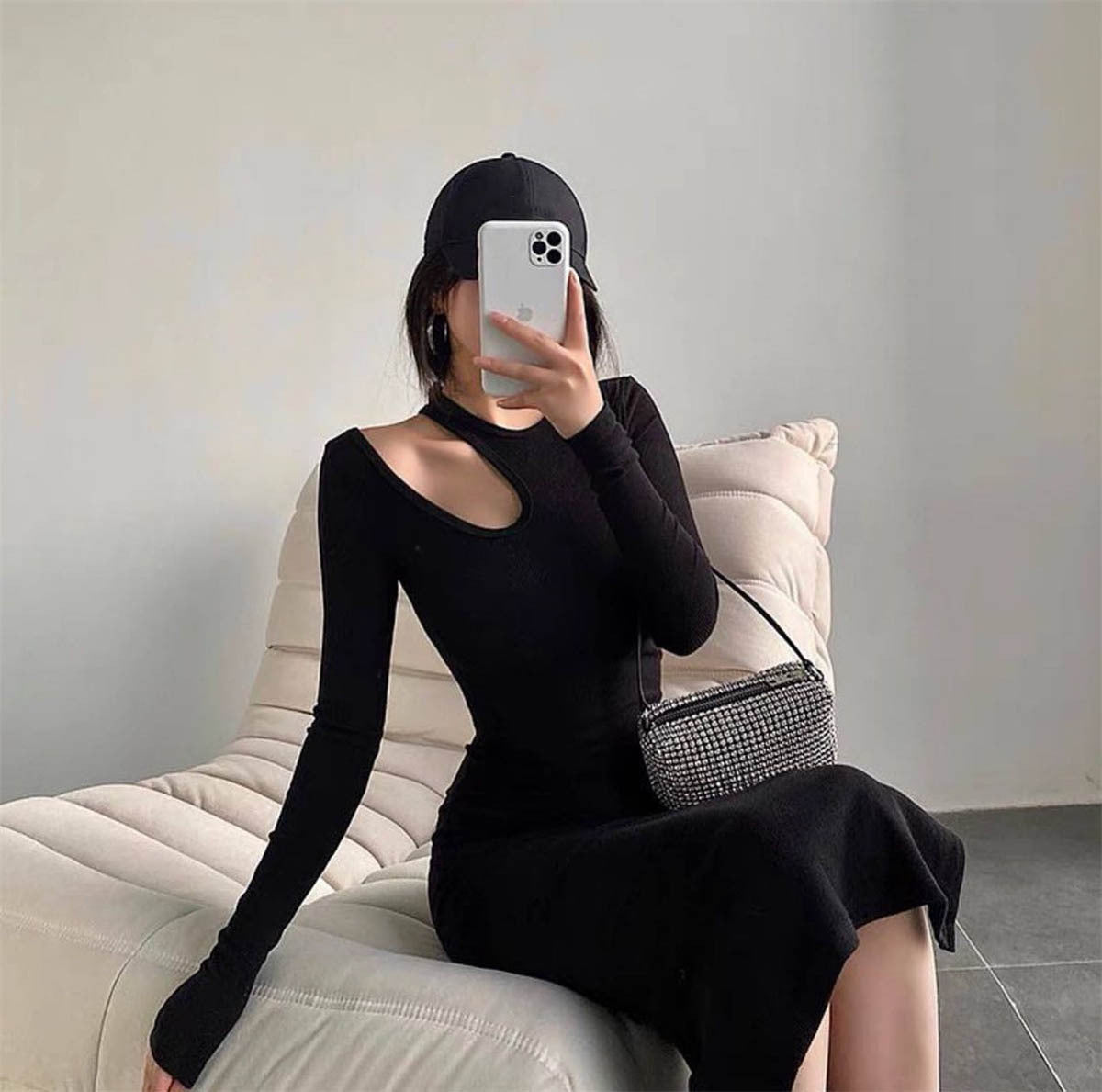 Ribbed Knit Cut Out Shoulder Long Sleeve Side Split Bodycon Midi Dress 4