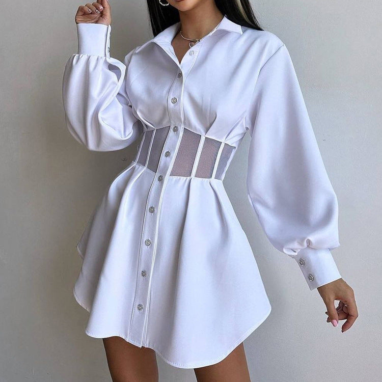 Women See through Collared A line Dress with Mesh Stitching High Waist Long Sleeves Short Design