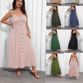 Spaghetti Strap Button Front Pocket Midi Dress