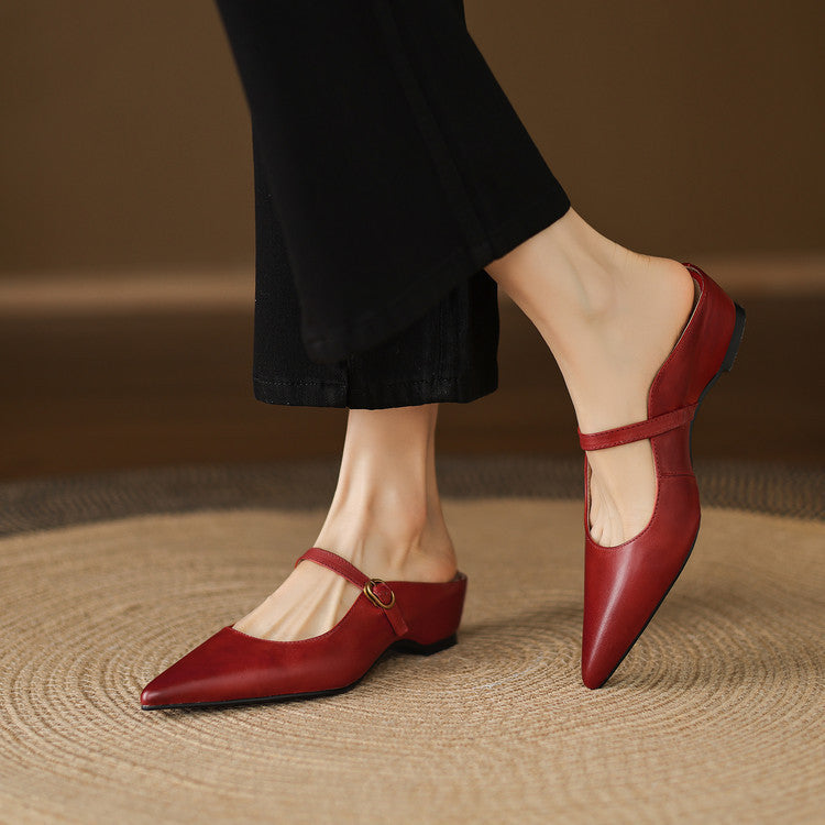 Pointed Toe Ankle Strap Mary Jane Flat Mules