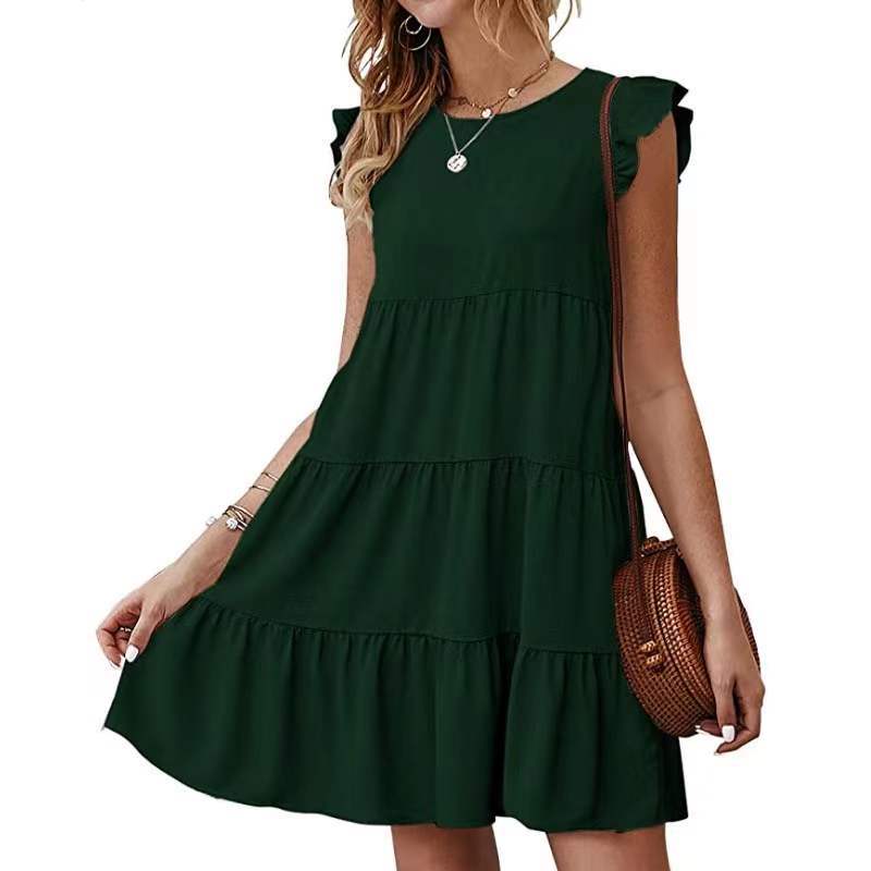 Round Neck Flutter Sleeve Tiered Swing Mini Dress 12