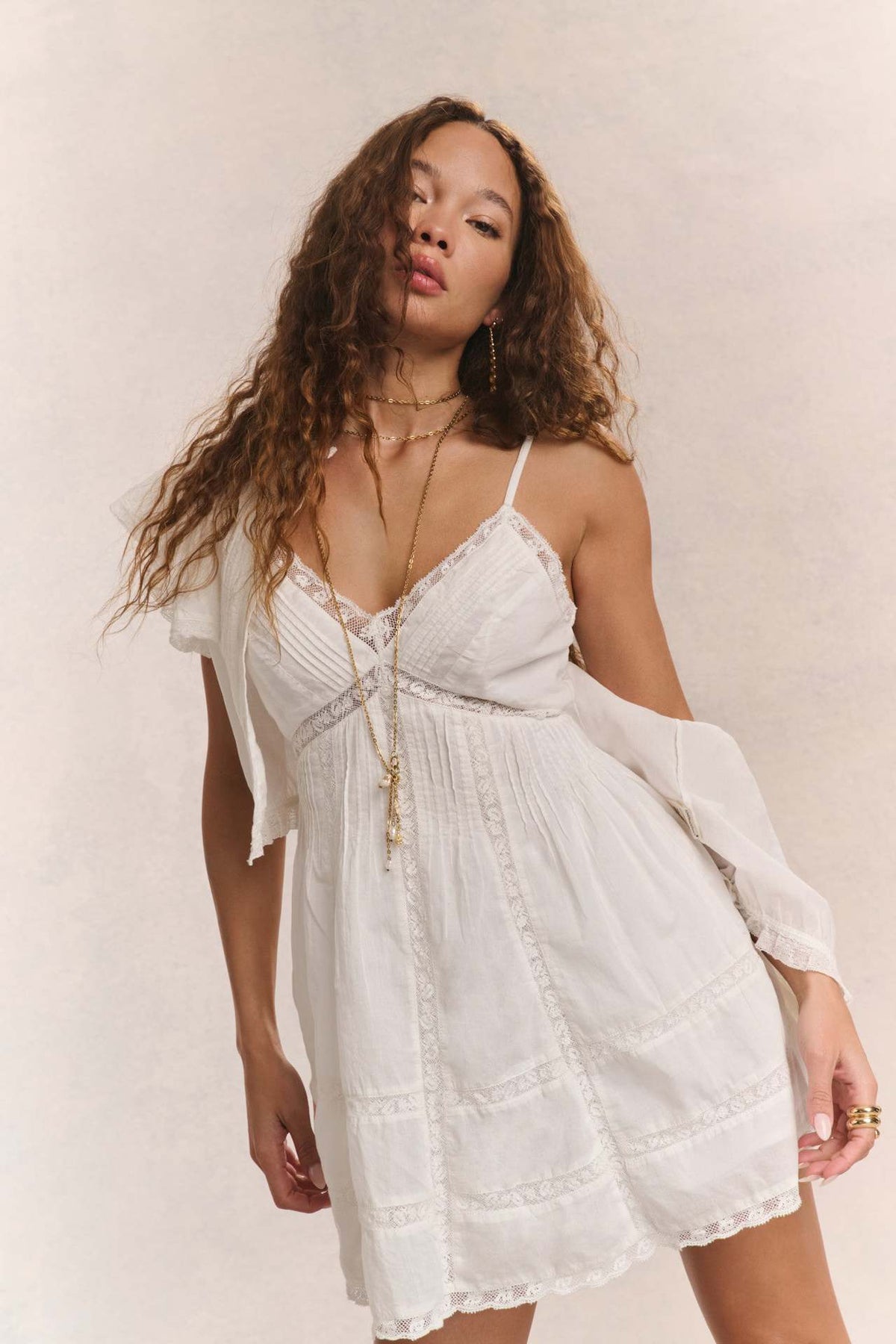 Lace Trim V-Neck Pintuck Cami Babydoll Mini Dress